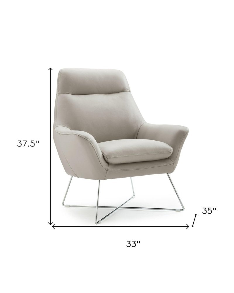 33" Light Gray and Silver Italian Leather Tufted Arm Chair HomeRoots