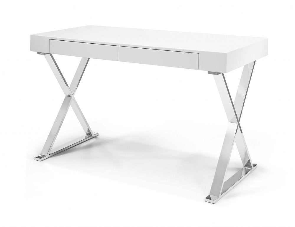 47" White and Silver Writing Desk With Two Drawers HomeRoots