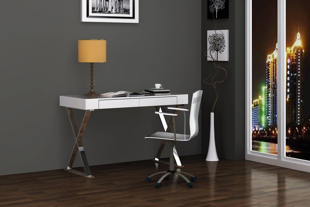 47" White and Silver Writing Desk With Two Drawers HomeRoots