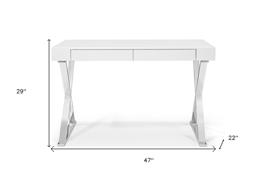 47" White and Silver Writing Desk With Two Drawers HomeRoots