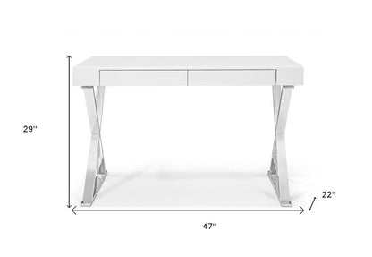 47" White and Silver Writing Desk With Two Drawers HomeRoots