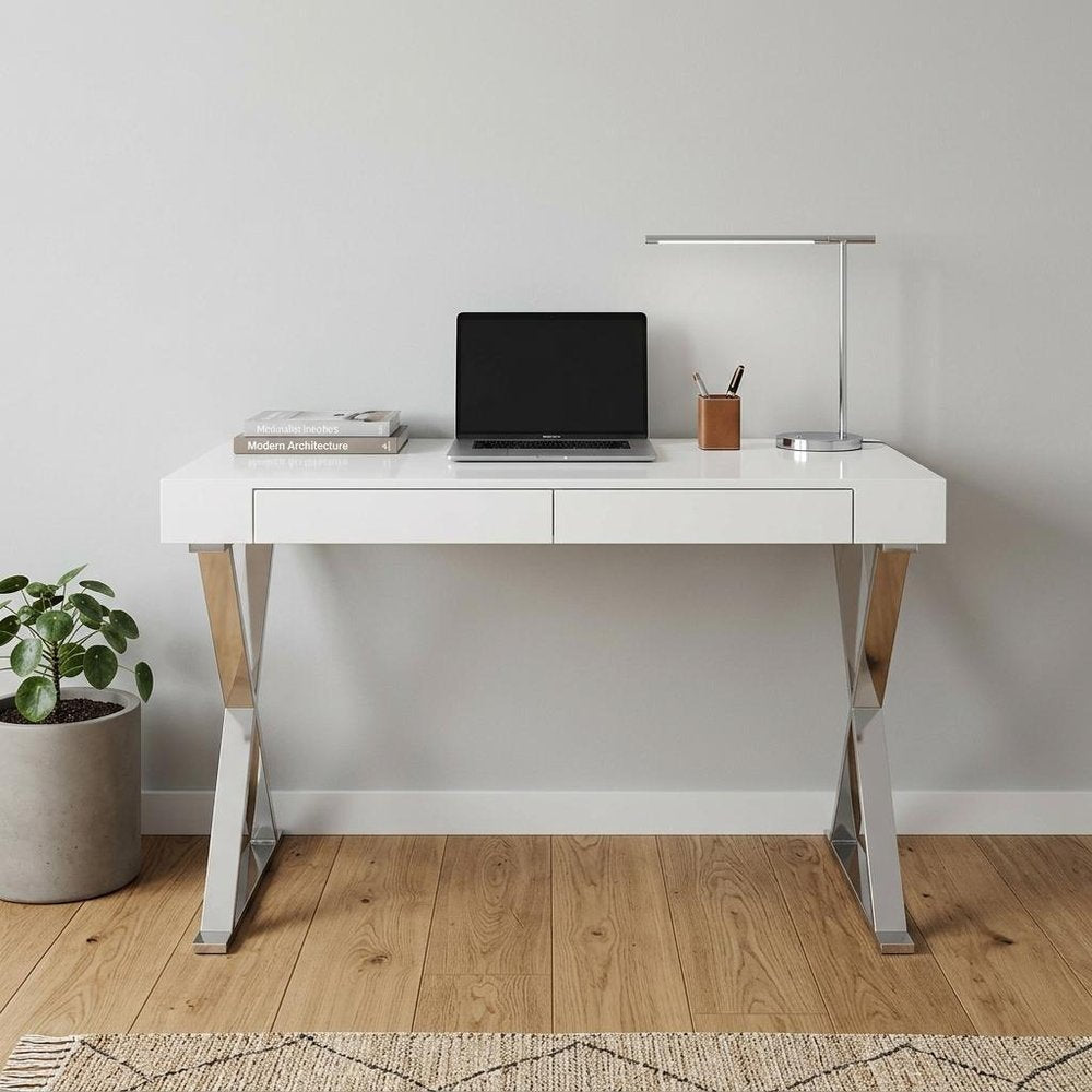 47" White and Silver Writing Desk With Two Drawers HomeRoots
