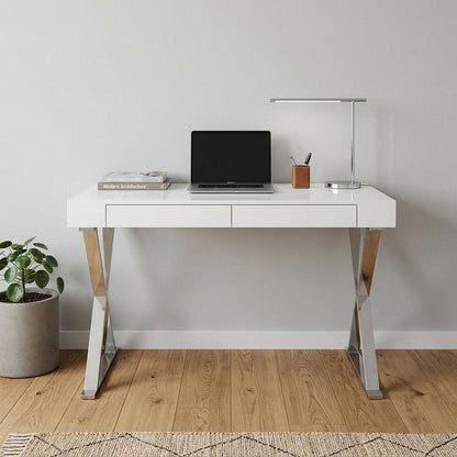 47" White and Silver Writing Desk With Two Drawers HomeRoots