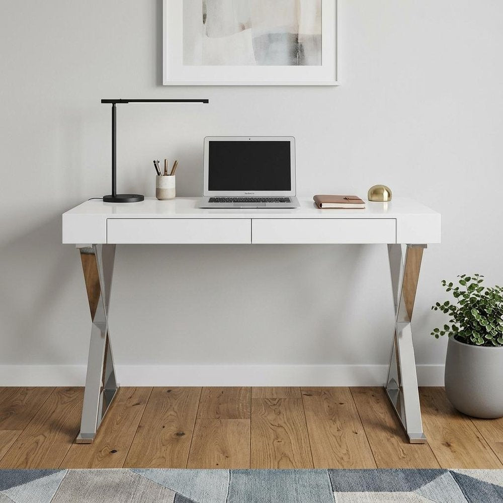47" White and Silver Writing Desk With Two Drawers HomeRoots