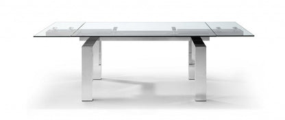 63" Clear and Silver Glass and Stainless Steel Self-Storing Leaf Dining Table HomeRoots
