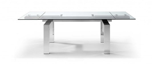 63" Clear and Silver Glass and Stainless Steel Self-Storing Leaf Dining Table HomeRoots
