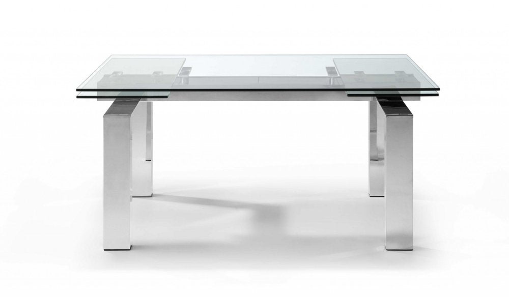 63" Clear and Silver Glass and Stainless Steel Self-Storing Leaf Dining Table HomeRoots