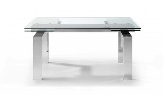 63" Clear and Silver Glass and Stainless Steel Self-Storing Leaf Dining Table HomeRoots