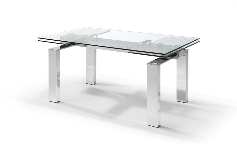 63" Clear and Silver Glass and Stainless Steel Self-Storing Leaf Dining Table HomeRoots