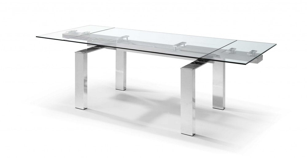 63" Clear and Silver Glass and Stainless Steel Self-Storing Leaf Dining Table HomeRoots