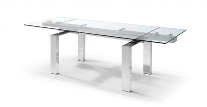 63" Clear and Silver Glass and Stainless Steel Self-Storing Leaf Dining Table HomeRoots
