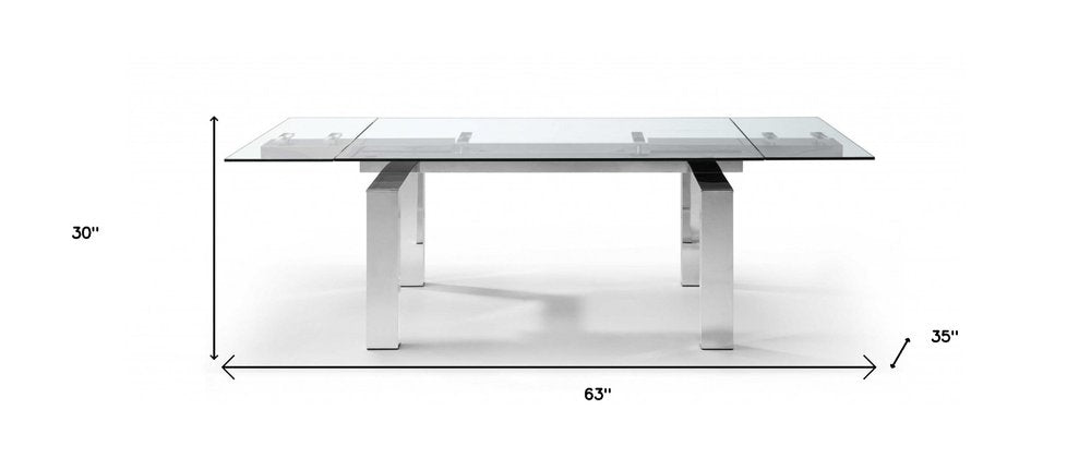 63" Clear and Silver Glass and Stainless Steel Self-Storing Leaf Dining Table HomeRoots