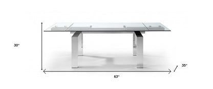 63" Clear and Silver Glass and Stainless Steel Self-Storing Leaf Dining Table HomeRoots