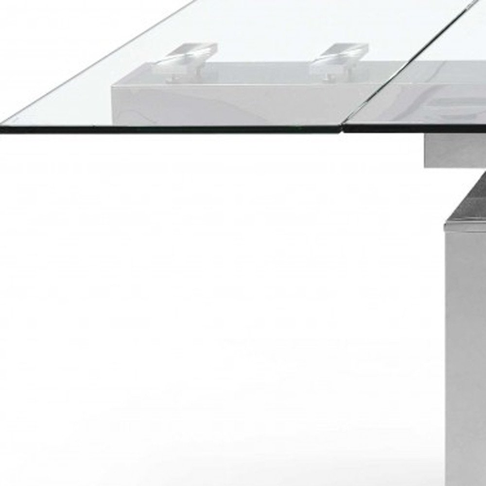 63" Clear and Silver Glass and Stainless Steel Self-Storing Leaf Dining Table HomeRoots