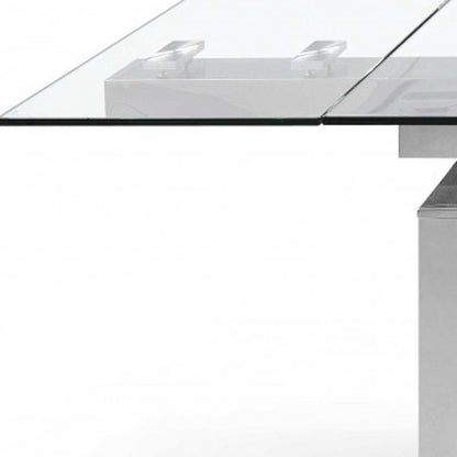 63" Clear and Silver Glass and Stainless Steel Self-Storing Leaf Dining Table HomeRoots