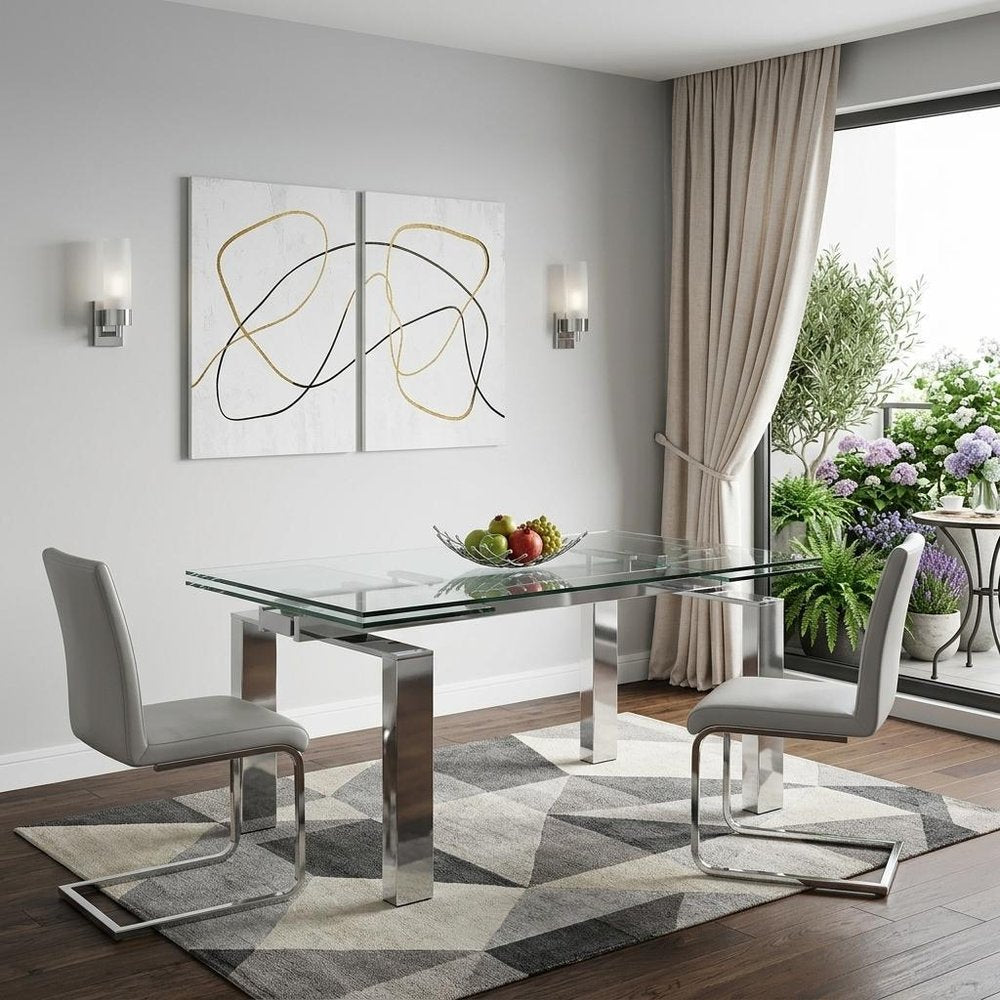 63" Clear and Silver Glass and Stainless Steel Self-Storing Leaf Dining Table HomeRoots