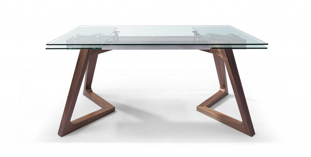 63" Clear and Brown Glass and Solid Wood Self-Storing Leaf Dining Table — view 1