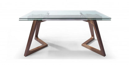 63" Clear and Brown Glass and Solid Wood Self-Storing Leaf Dining Table HomeRoots