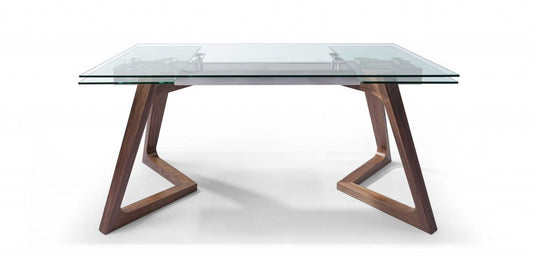 63" Clear and Brown Glass and Solid Wood Self-Storing Leaf Dining Table HomeRoots