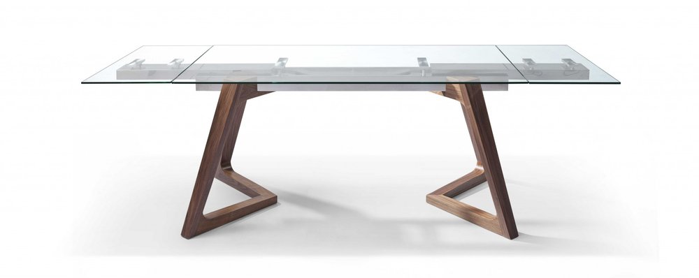 63" Clear and Brown Glass and Solid Wood Self-Storing Leaf Dining Table HomeRoots