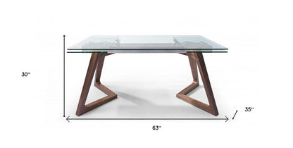 63" Clear and Brown Glass and Solid Wood Self-Storing Leaf Dining Table HomeRoots
