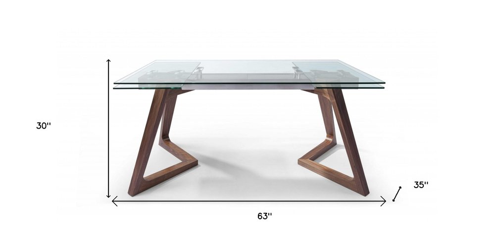 63" Clear and Brown Glass and Solid Wood Self-Storing Leaf Dining Table HomeRoots