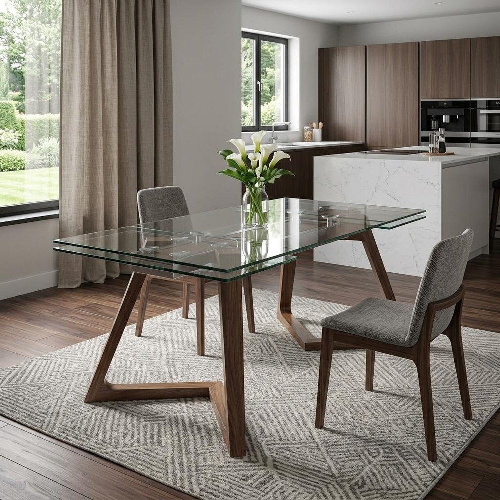 63" Clear and Brown Glass and Solid Wood Self-Storing Leaf Dining Table HomeRoots