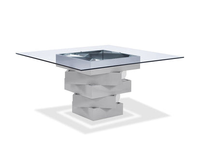 59" Clear And Gray Square Glass And Solid Wood Pedestal Base Dining Table HomeRoots