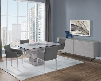 59" Clear And Gray Square Glass And Solid Wood Pedestal Base Dining Table HomeRoots