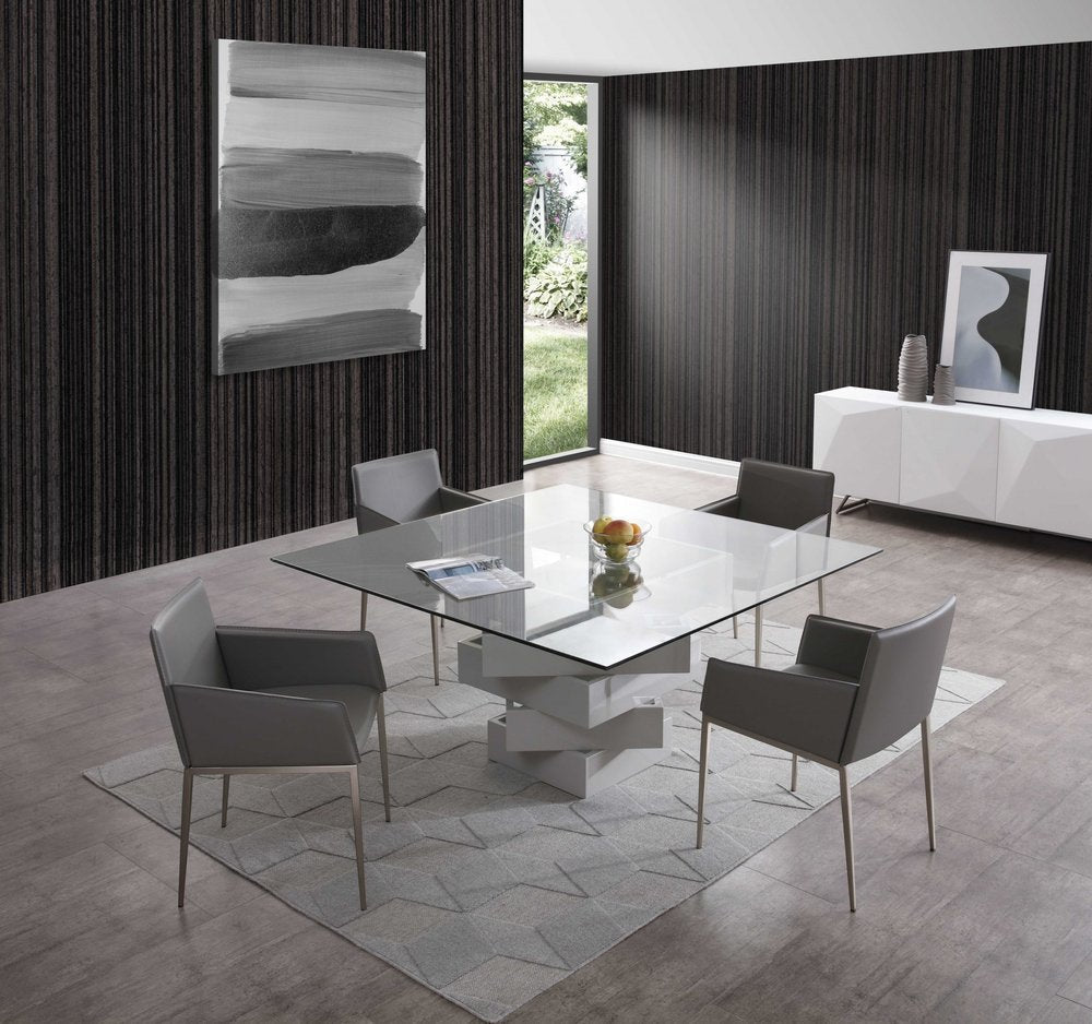 59" Clear And Gray Square Glass And Solid Wood Pedestal Base Dining Table HomeRoots