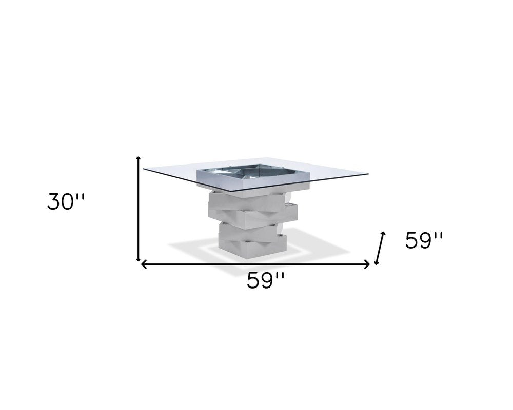 59" Clear And Gray Square Glass And Solid Wood Pedestal Base Dining Table HomeRoots