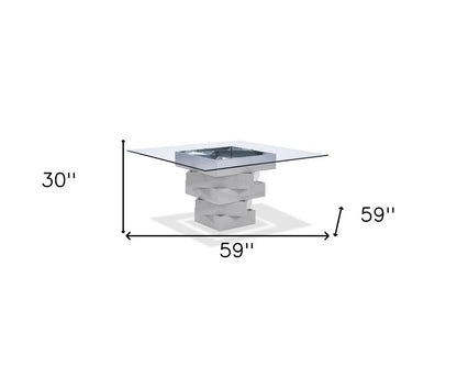 59" Clear And Gray Square Glass And Solid Wood Pedestal Base Dining Table HomeRoots