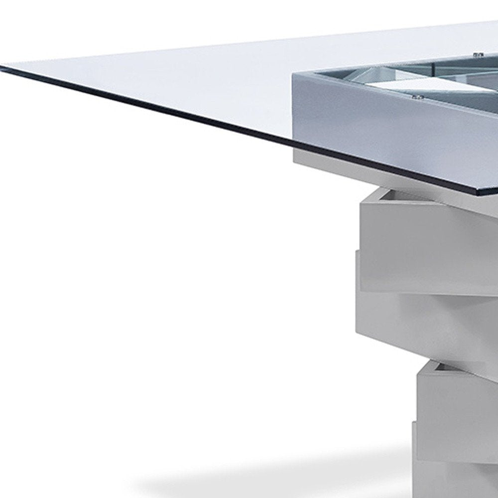 59" Clear And Gray Square Glass And Solid Wood Pedestal Base Dining Table HomeRoots