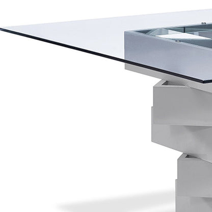 59" Clear And Gray Square Glass And Solid Wood Pedestal Base Dining Table HomeRoots