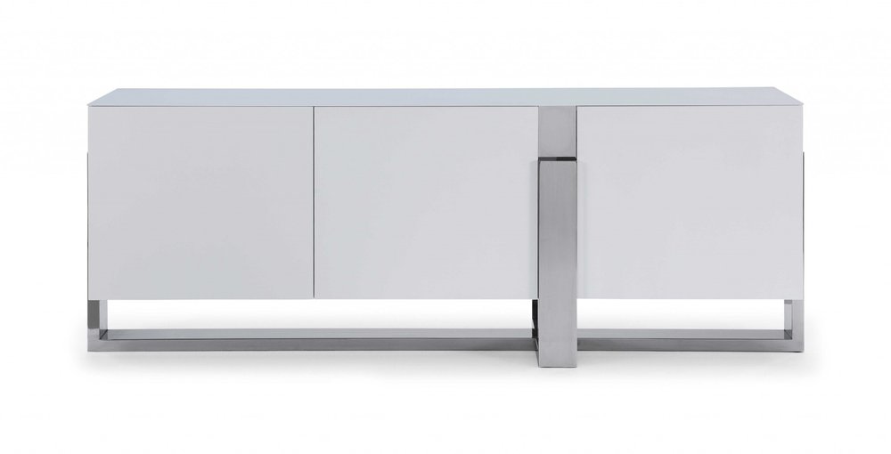 91" White Glass and Stainless Steel Frame Console Table HomeRoots