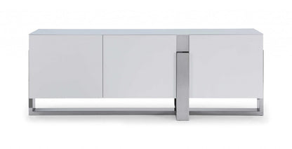 91" White Glass and Stainless Steel Frame Console Table HomeRoots