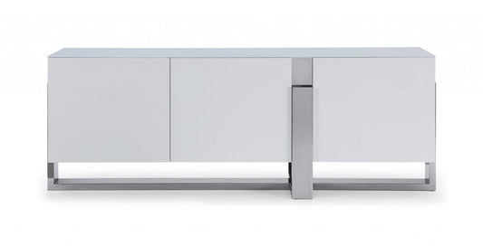 91" White Glass and Stainless Steel Frame Console Table HomeRoots