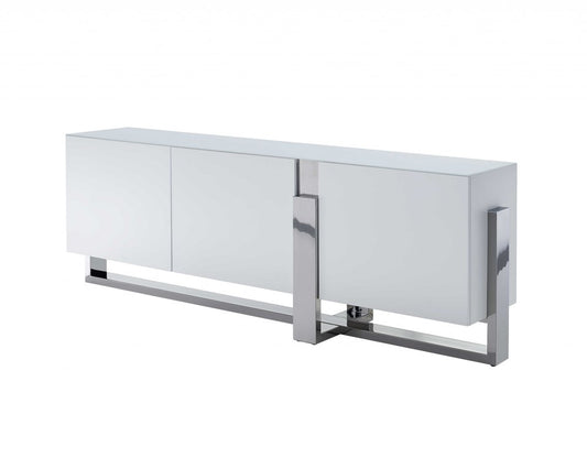 91" White Glass and Stainless Steel Frame Console Table HomeRoots