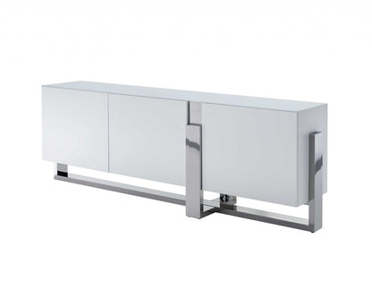 91" White Glass and Stainless Steel Frame Console Table HomeRoots