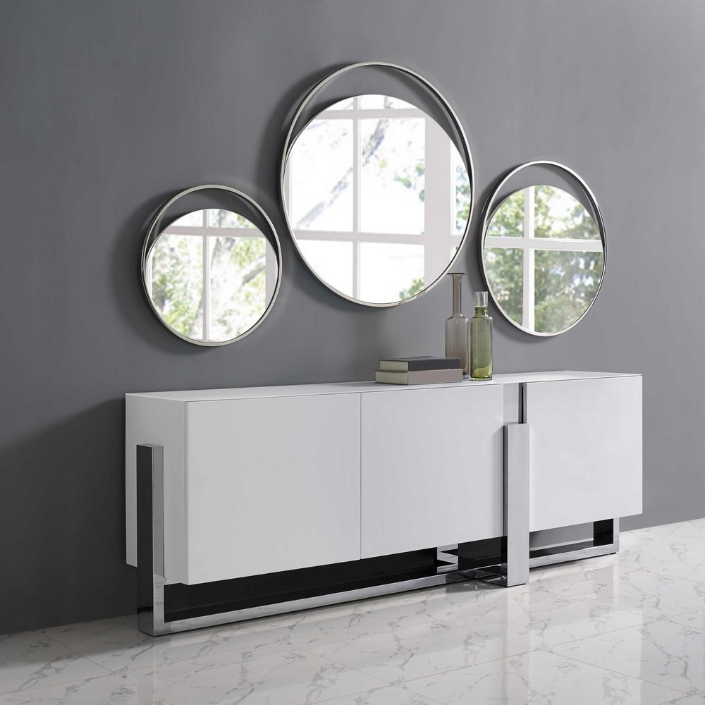 91" White Glass and Stainless Steel Frame Console Table HomeRoots