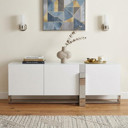 91" White Glass and Stainless Steel Frame Console Table HomeRoots