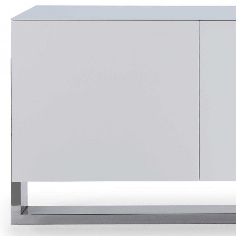 91" White Glass and Stainless Steel Frame Console Table HomeRoots
