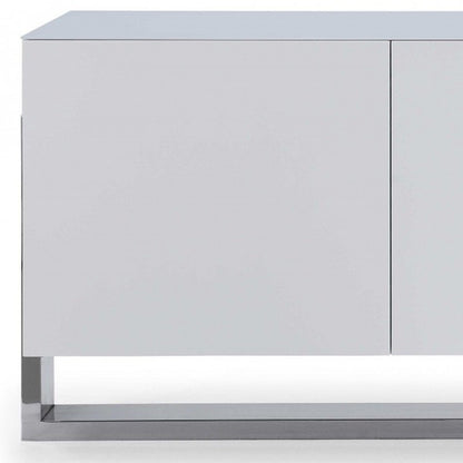 91" White Glass and Stainless Steel Frame Console Table HomeRoots