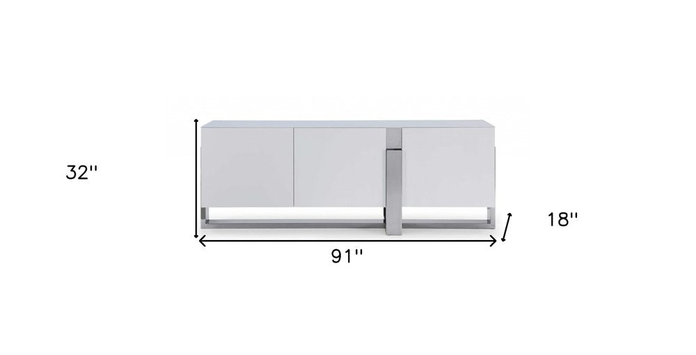 91" White Glass and Stainless Steel Frame Console Table HomeRoots