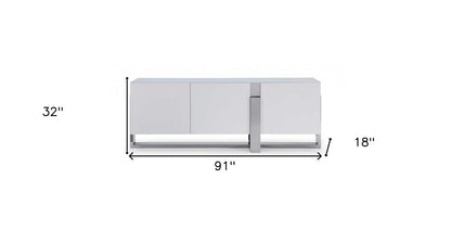 91" White Glass and Stainless Steel Frame Console Table HomeRoots