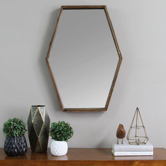 Dark Wood Hexagonal Frame Wall Mirror - FurniFindUSA