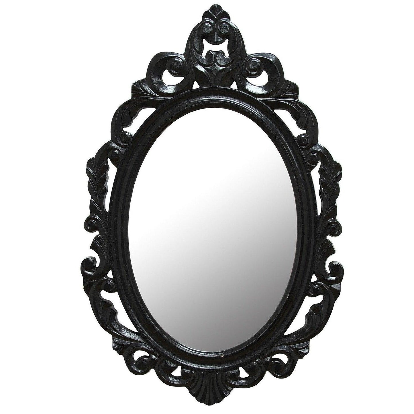 Vintage Style Black Glossy Baroque Oval Glass Wall Mirror - FurniFindUSA