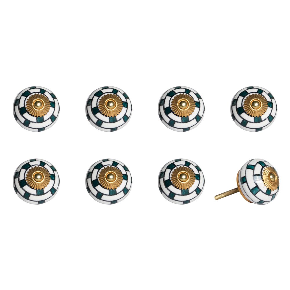 Set of Eight Green White And Gold Geometric Ceramic Drawer Pull Knobs HomeRoots