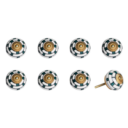 Set of Eight Green White And Gold Geometric Ceramic Drawer Pull Knobs HomeRoots