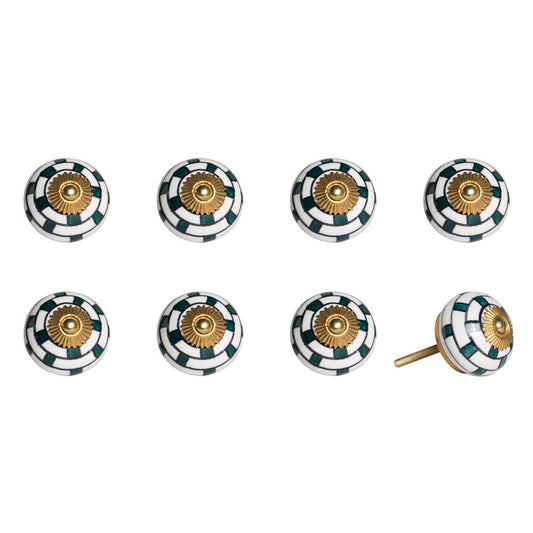 Set of Eight Green White And Gold Geometric Ceramic Drawer Pull Knobs HomeRoots